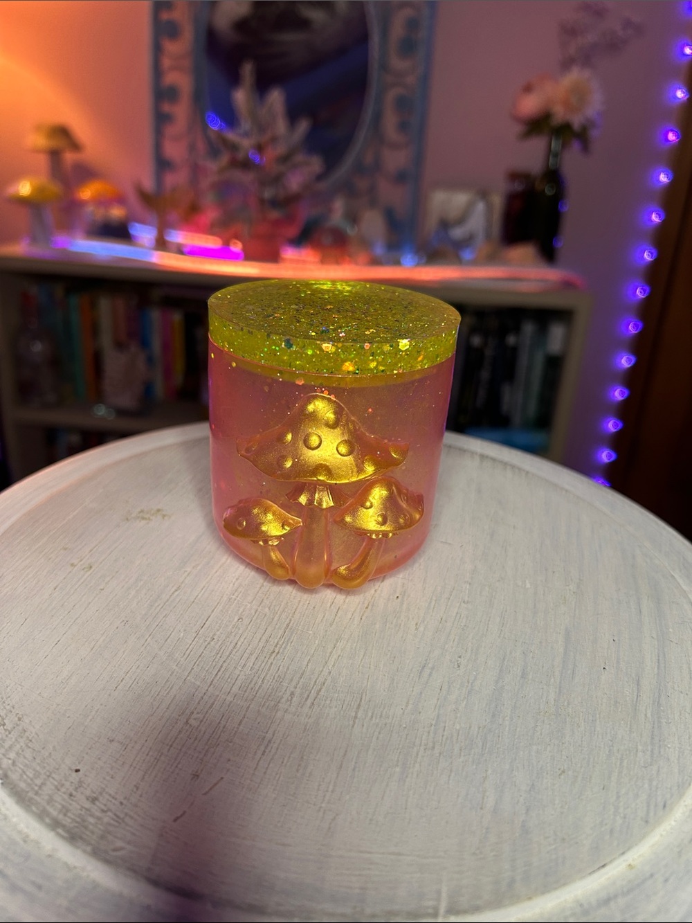 Glowing Pink Resin Jar with Gold Mushroom Accent
